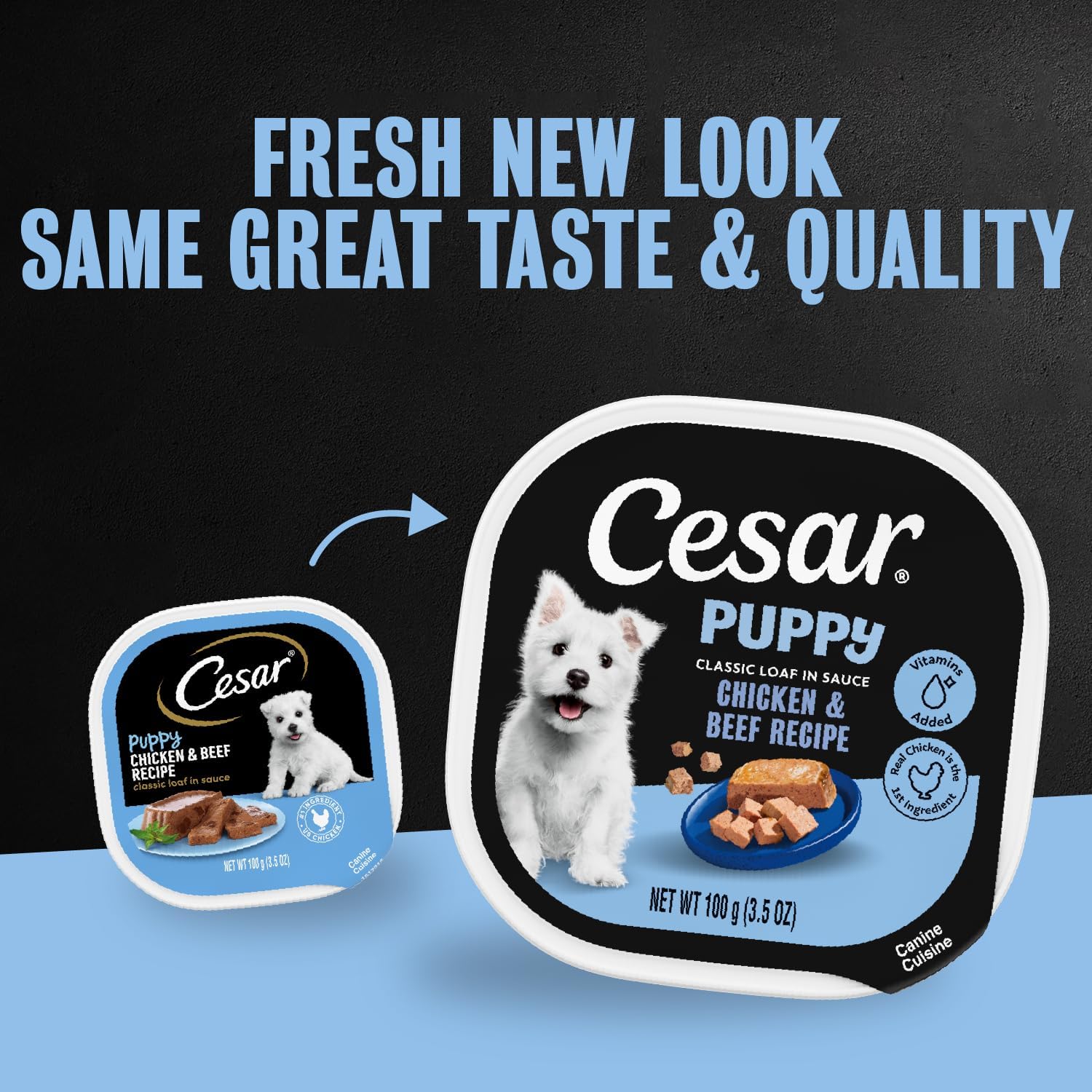 Cesar puppy chicken and beef recipe easy peel tray packaging