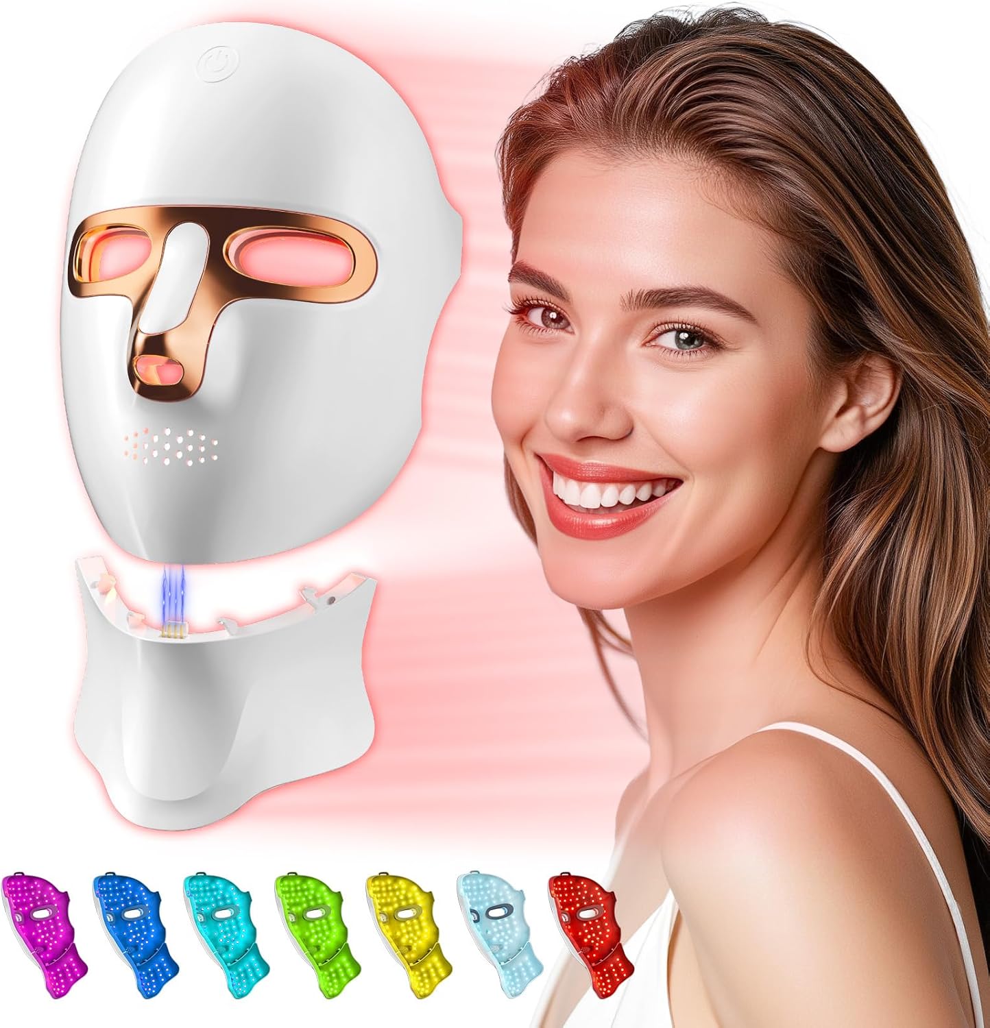 Tinkoola red light therapy mask front view showing white gold clinical design