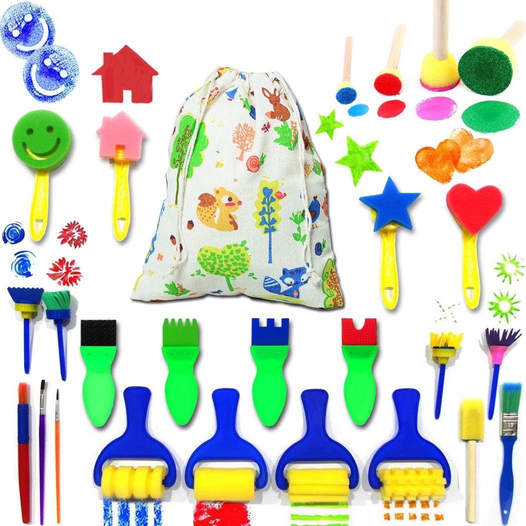 IELEK kids art and craft painting sponge brush set laid out showcasing twenty five different drawing tools for toddler DIY learning.