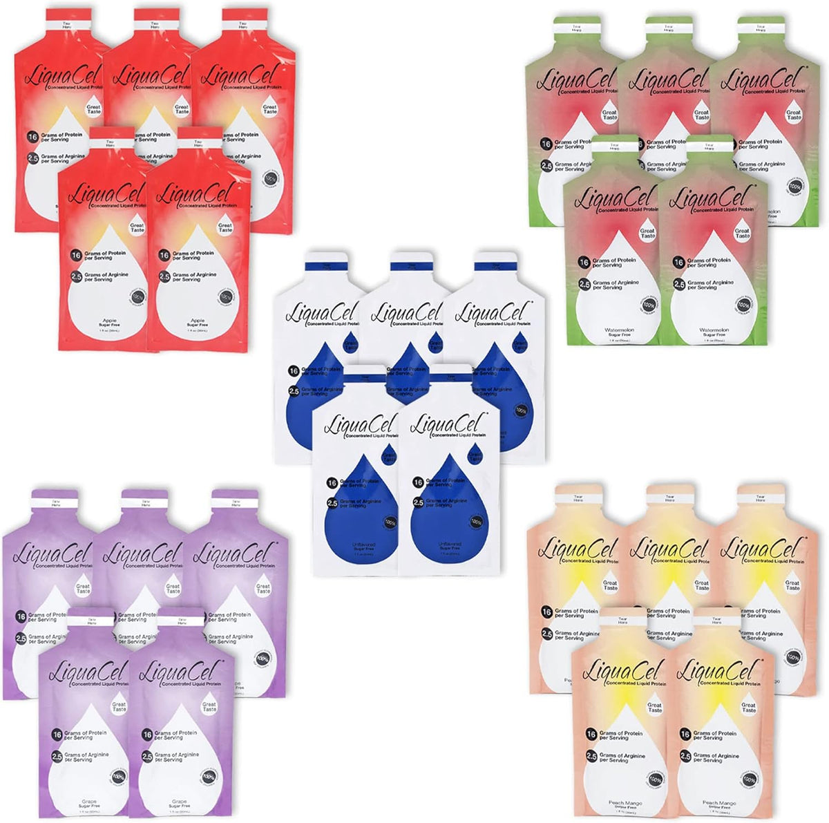 LiquaCel Concentrated Liquid Protein variety pack front view for muscle recovery.