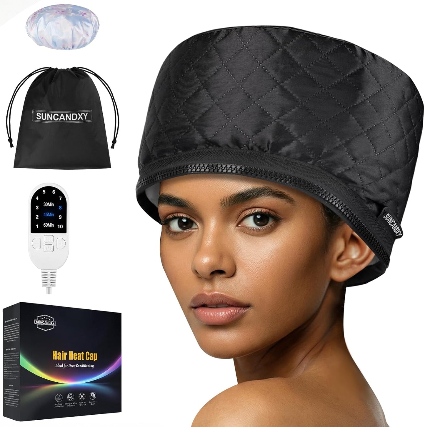Vicarko hair steamer deep conditioning heat cap front view displaying sleek black design and premium finish.