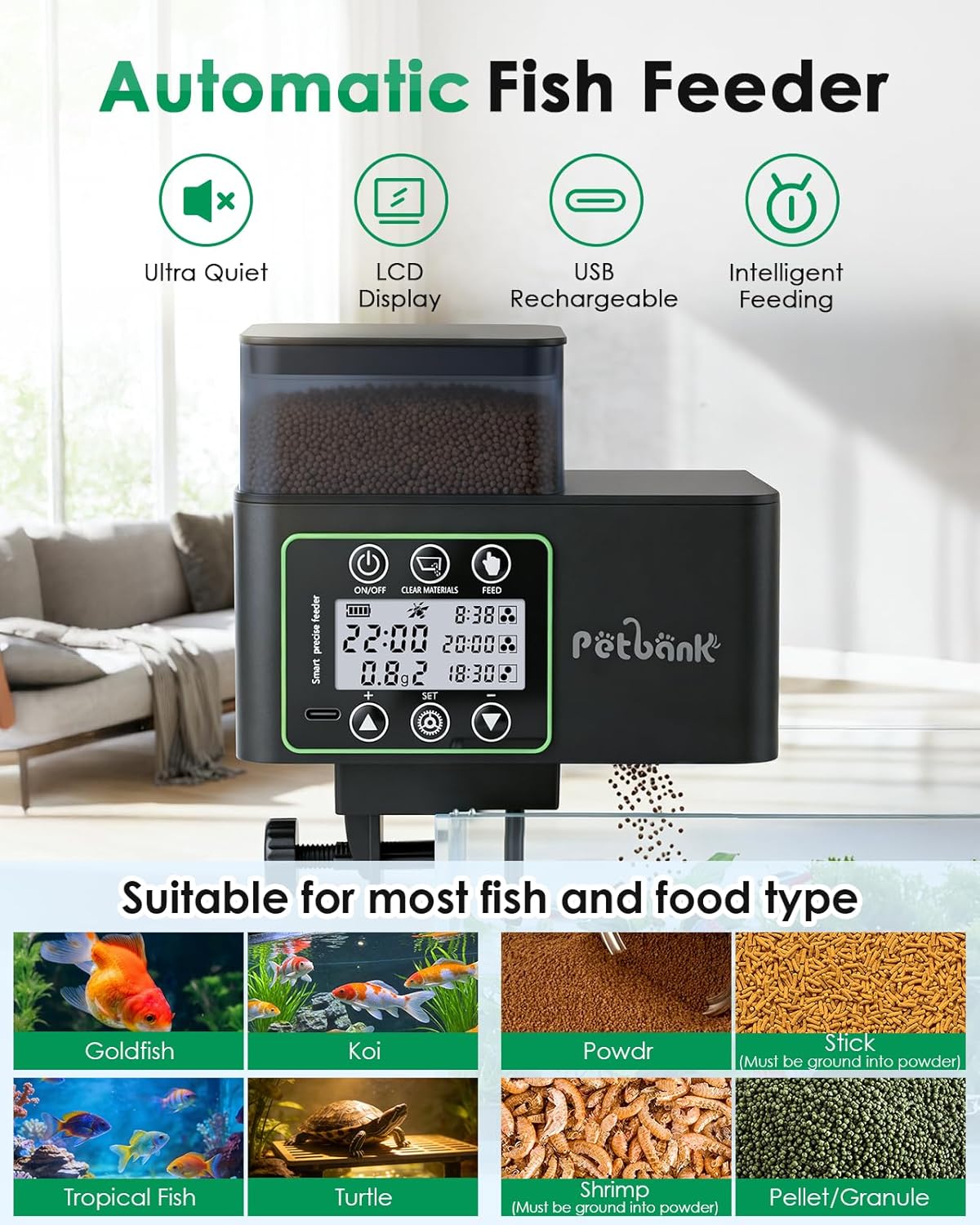 Smart fish food dispenser with automated shortage alert indicator light