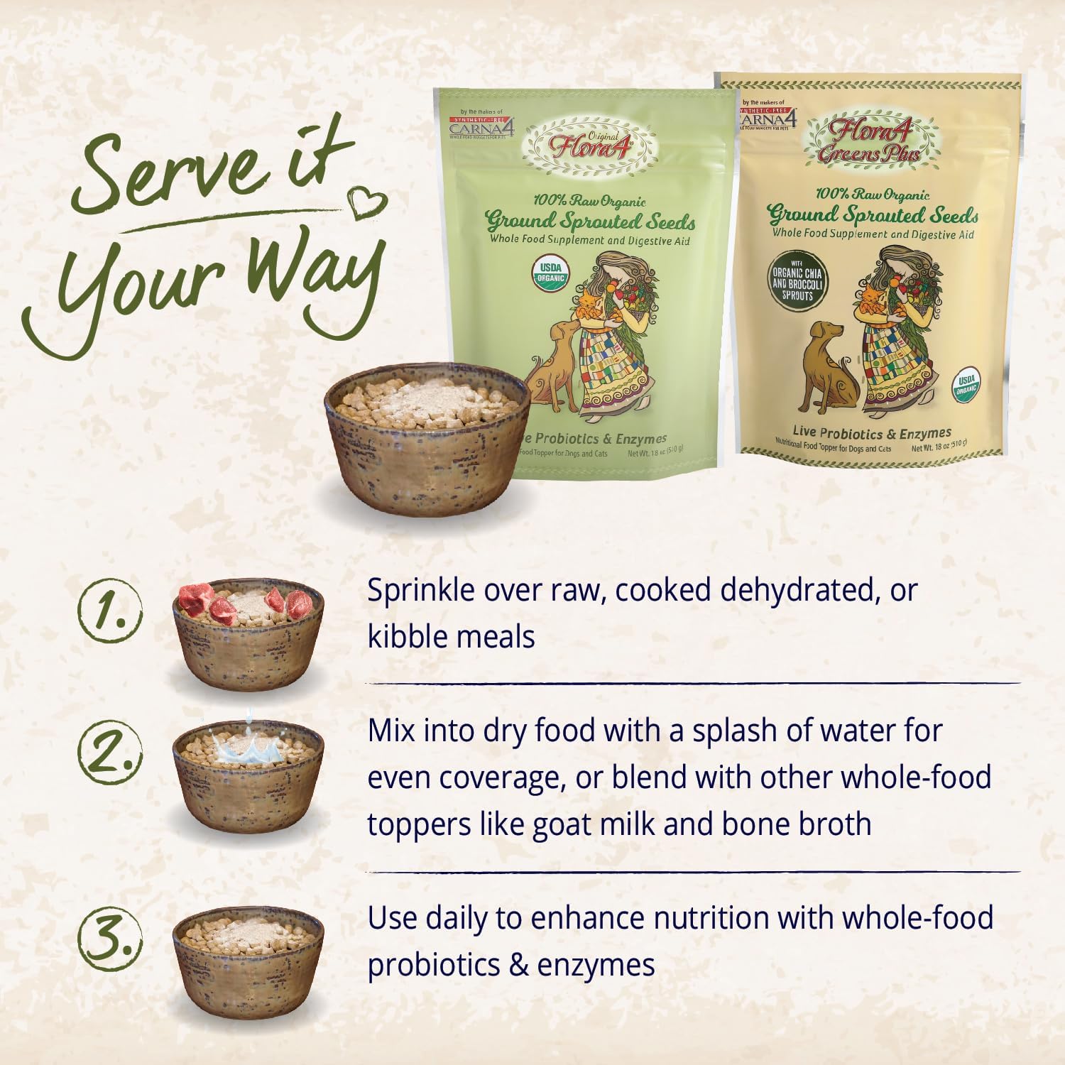 Carna4 digestive aid powder being sprinkled onto dog food kibble