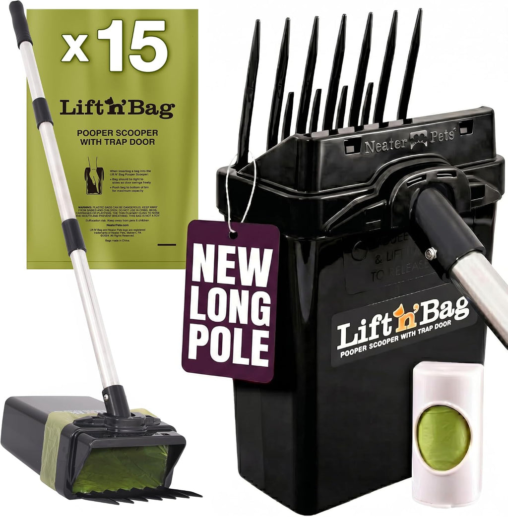 Neater Pet Brands Lift N Bag Two Point Zero Dog Pooper Scooper front view showing the long handle and black bin.