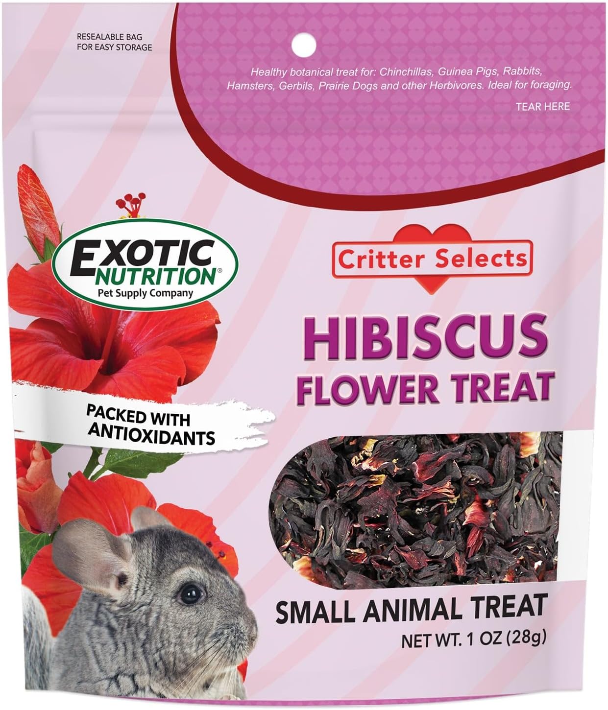 Exotic Nutrition Hibiscus Flower Treat front view packaging of the natural dried flower herbivore supplement