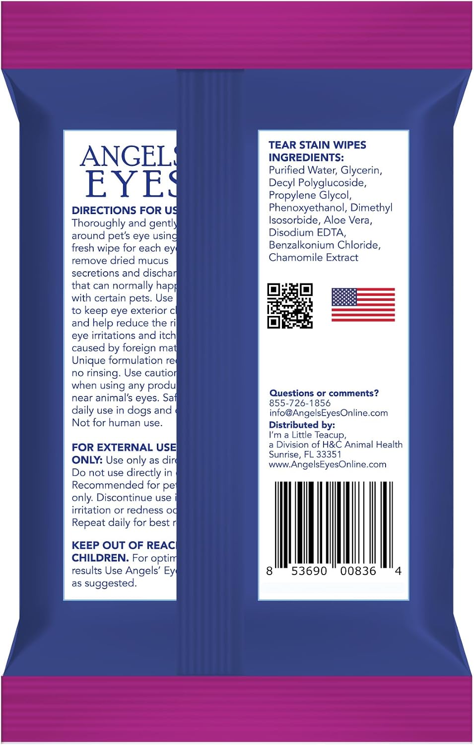 Angels' Eyes tear stain remover wipes for dogs and cats being pulled from package