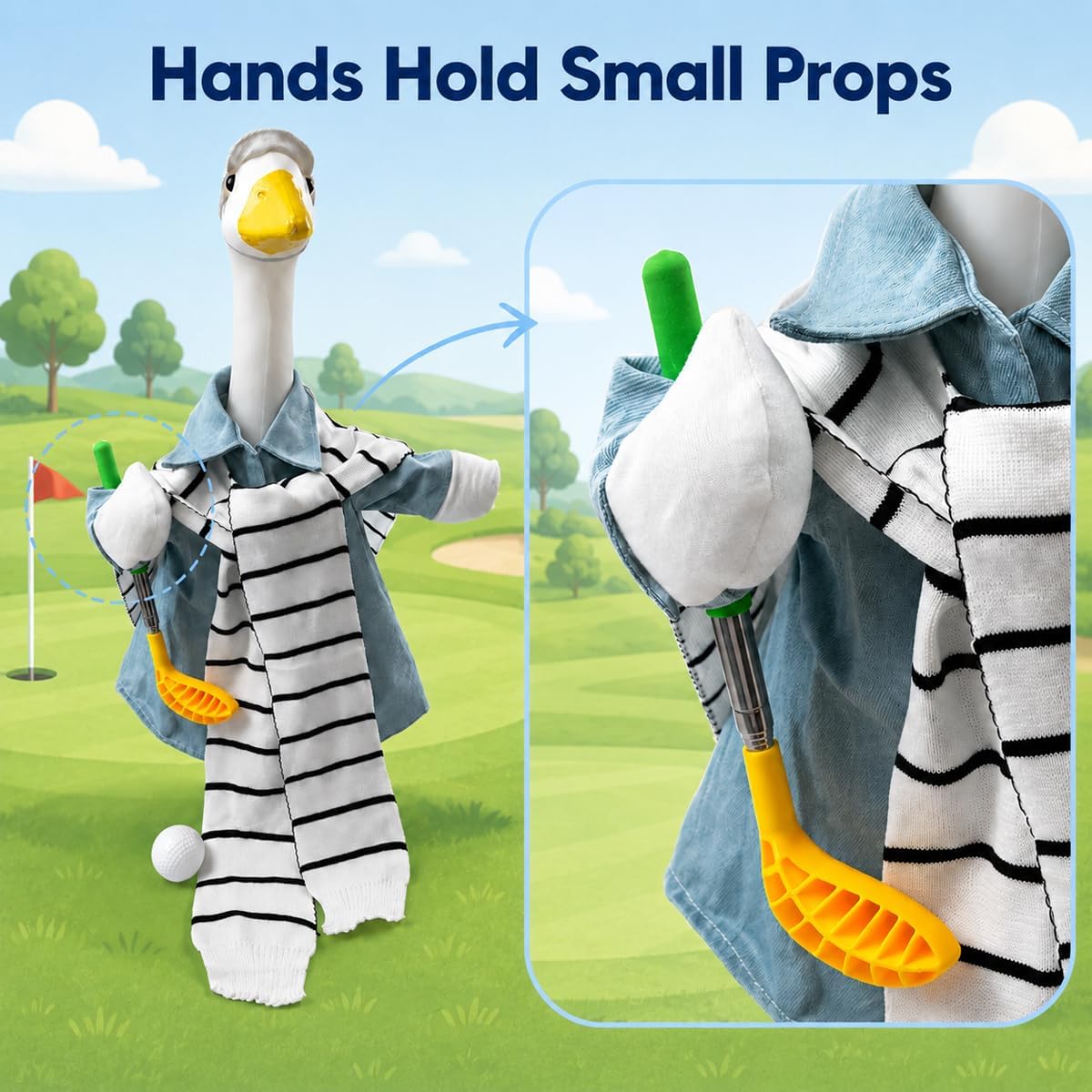 DISGIVO garden ornament clothing packed with denim coat, striped wrap, miniature golf ball, and plastic props.