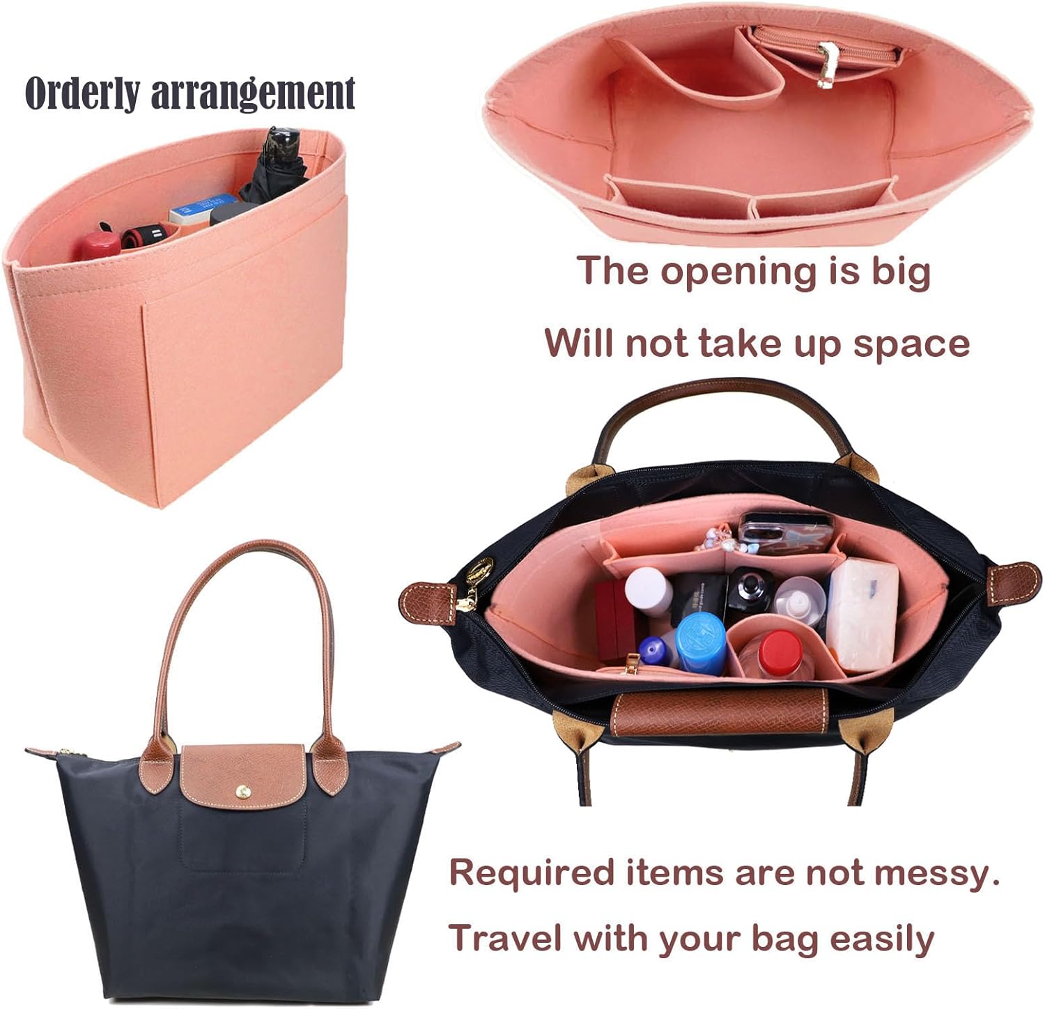 Lckaey large handbag shaper insert pink color multiple storage compartments