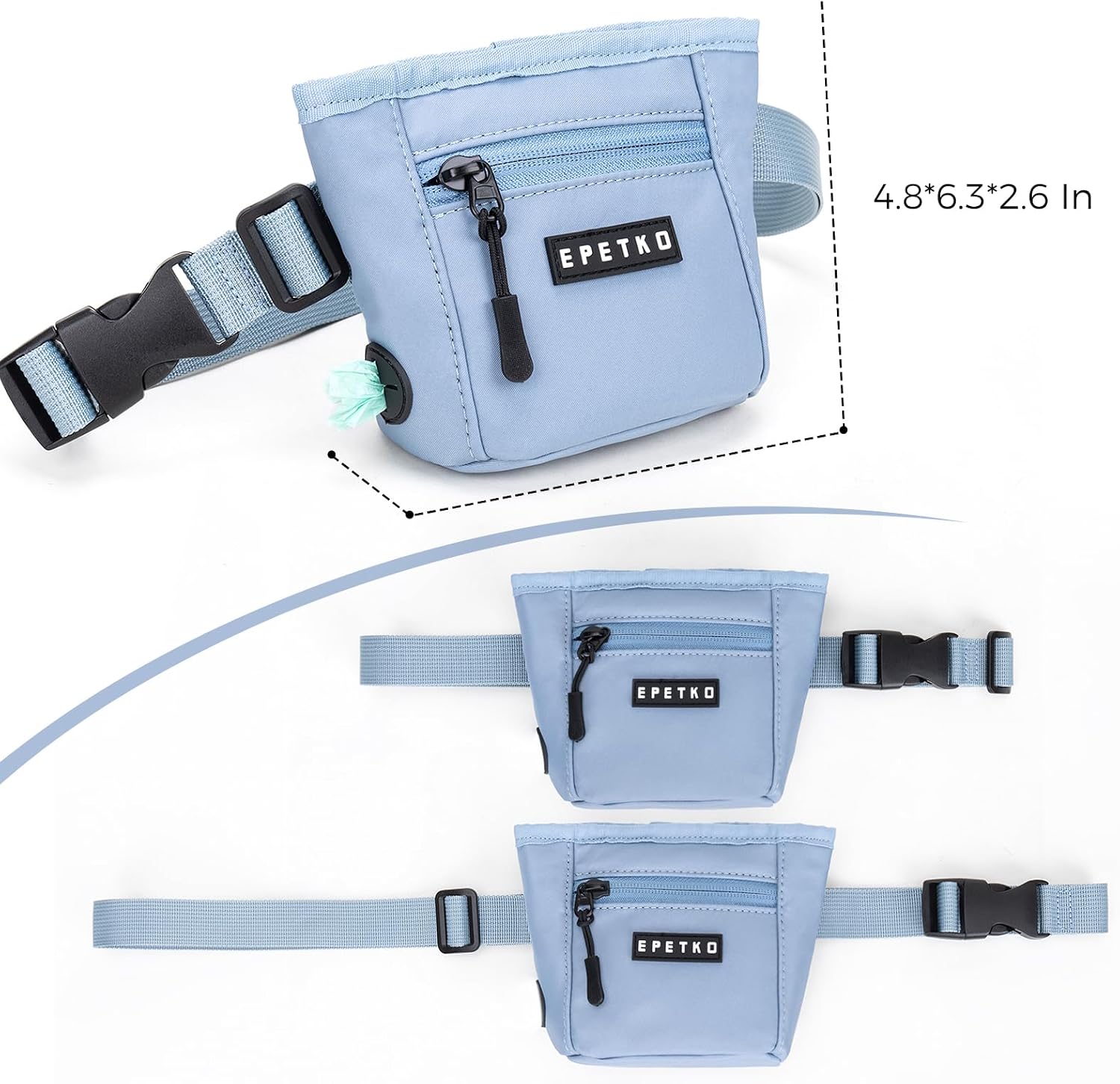 EPETKO dog reward bag being worn around the waist with the adjustable shoulder strap attached