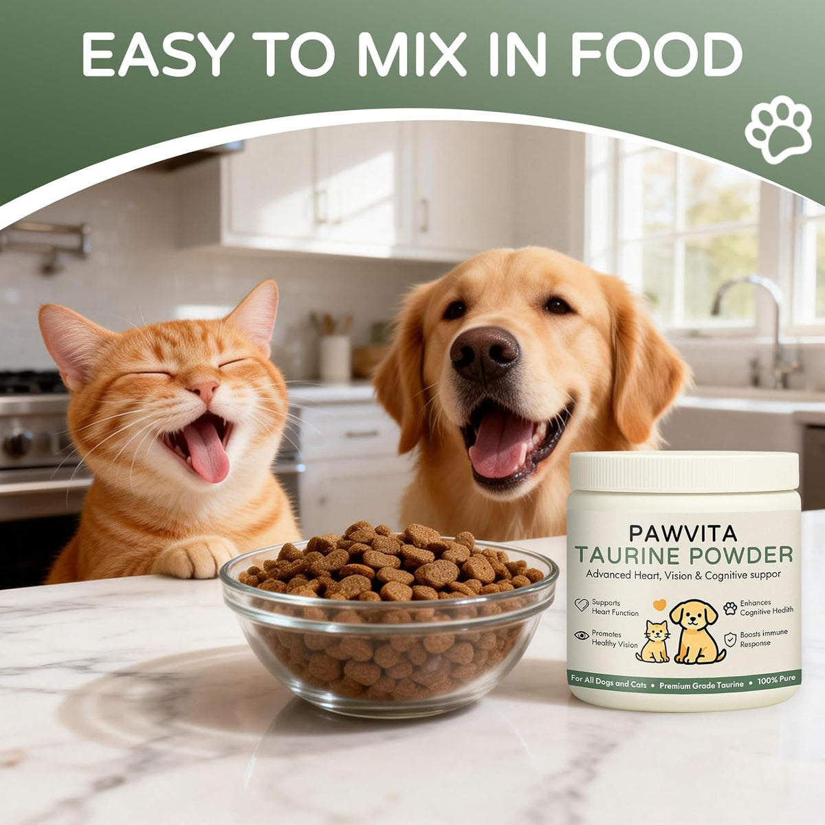 Pawvita pure taurine powder supplement label and ingredients list.