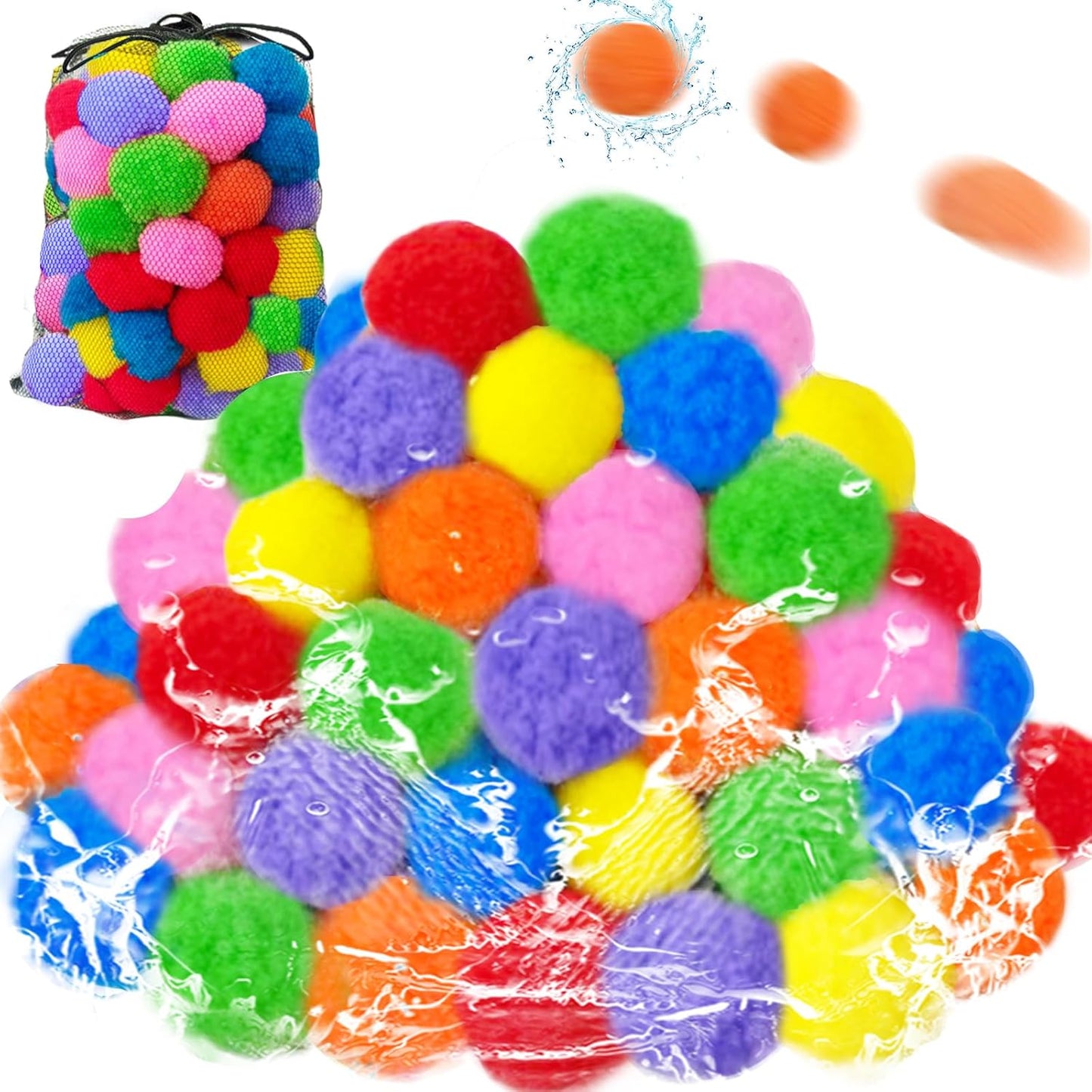 Cshangzei reusable water splash balls front view showing one hundred colorful cotton soaker pieces.