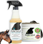 Pure Sole Severe Thrush Treatment For Horses bundle kit front view showing the liquid spray and clay jar.