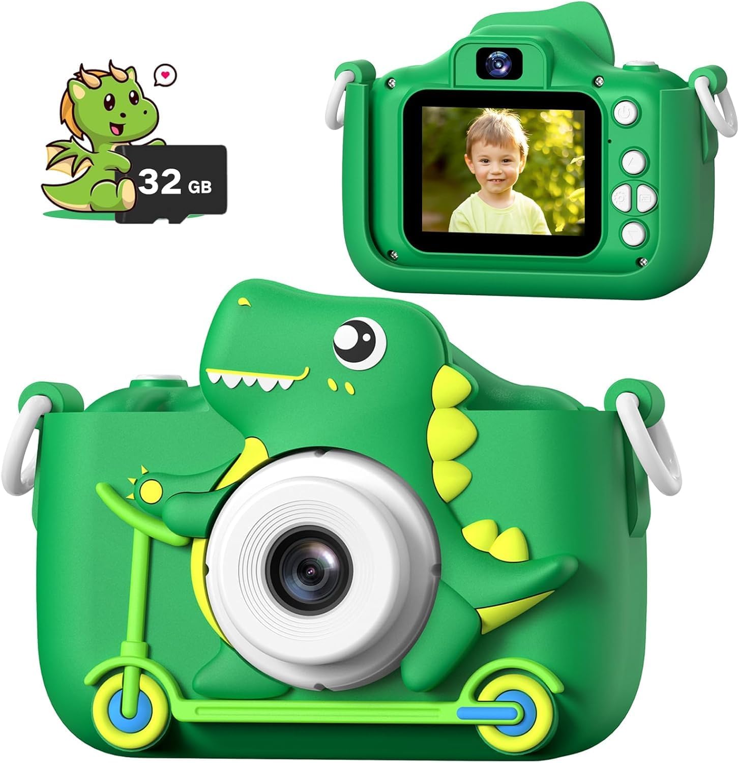 Mgaolo kids digital toy camera green dinosaur front view showing lens and protective shell