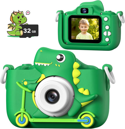 Mgaolo kids digital toy camera green dinosaur front view showing lens and protective shell