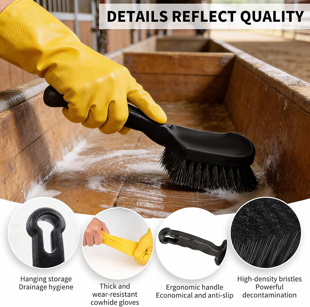 Heavy duty waterproof rubber gloves included in the equine stable cleaning kit
