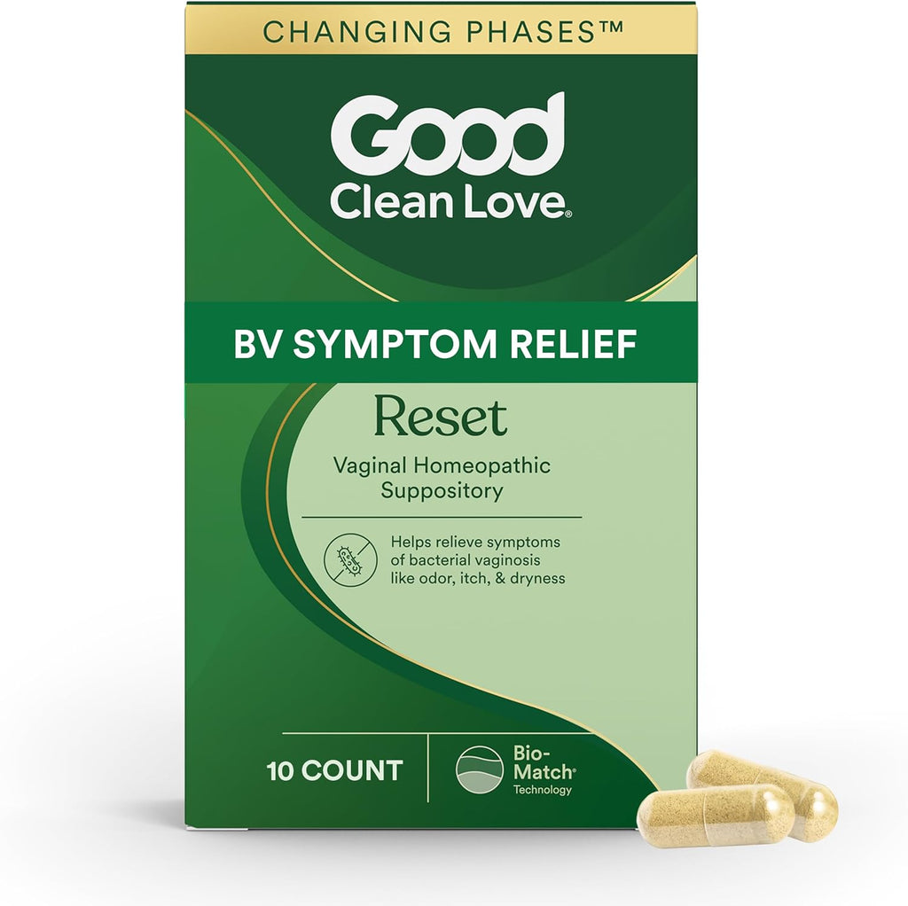 Good Clean Love Reset Homeopathic Vaginal Suppository front view for BV treatment.