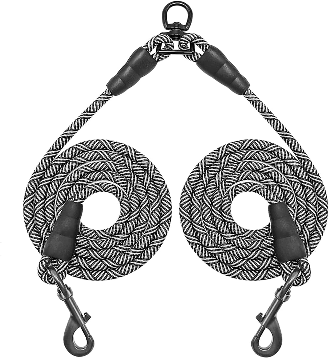 Mycicy double dog leash coupler front view showing black dual nylon ropes