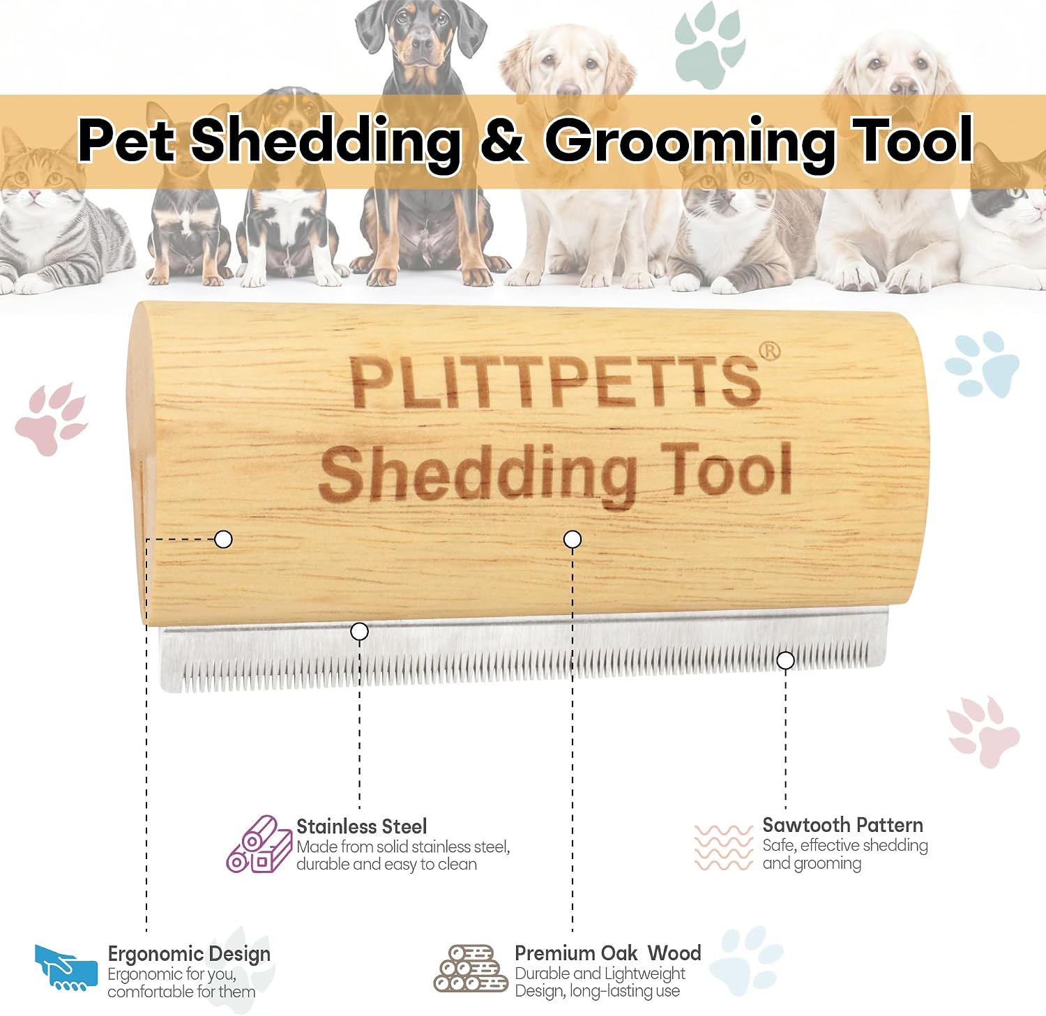 Side angle view of the five point two inch ergonomic wooden handle on the dog comb