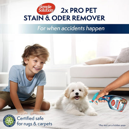 Authentic USA imported Simple Solution stain remover bottle on a wood floor