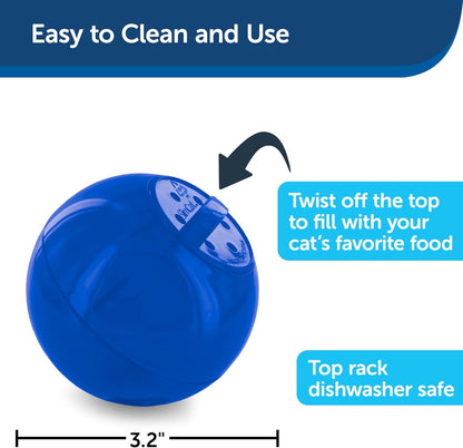 Blue PetSafe SlimCat treat dispensing puzzle toy placed on the floor for indoor cat exercise.