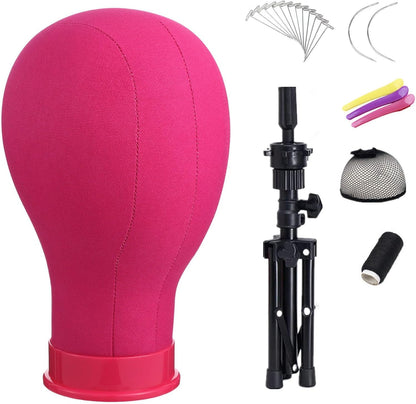 Lucicass canvas block wig head front view in rose pink