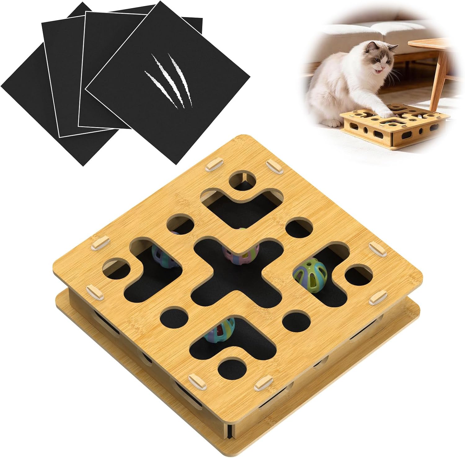 EIODEAR cat grooming scratcher kit including three sandpaper pads and four internal toy balls.