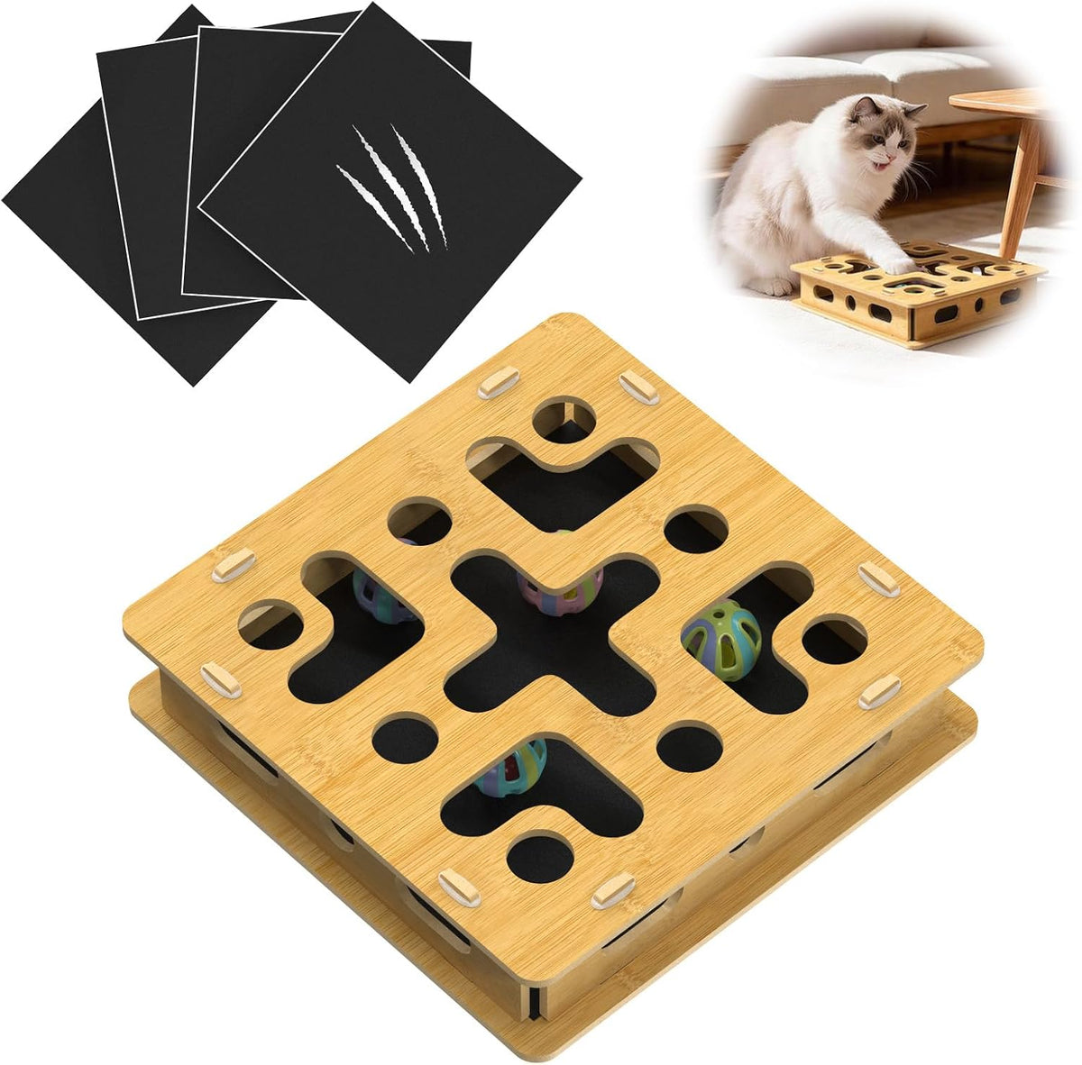 EIODEAR cat grooming scratcher kit including three sandpaper pads and four internal toy balls.