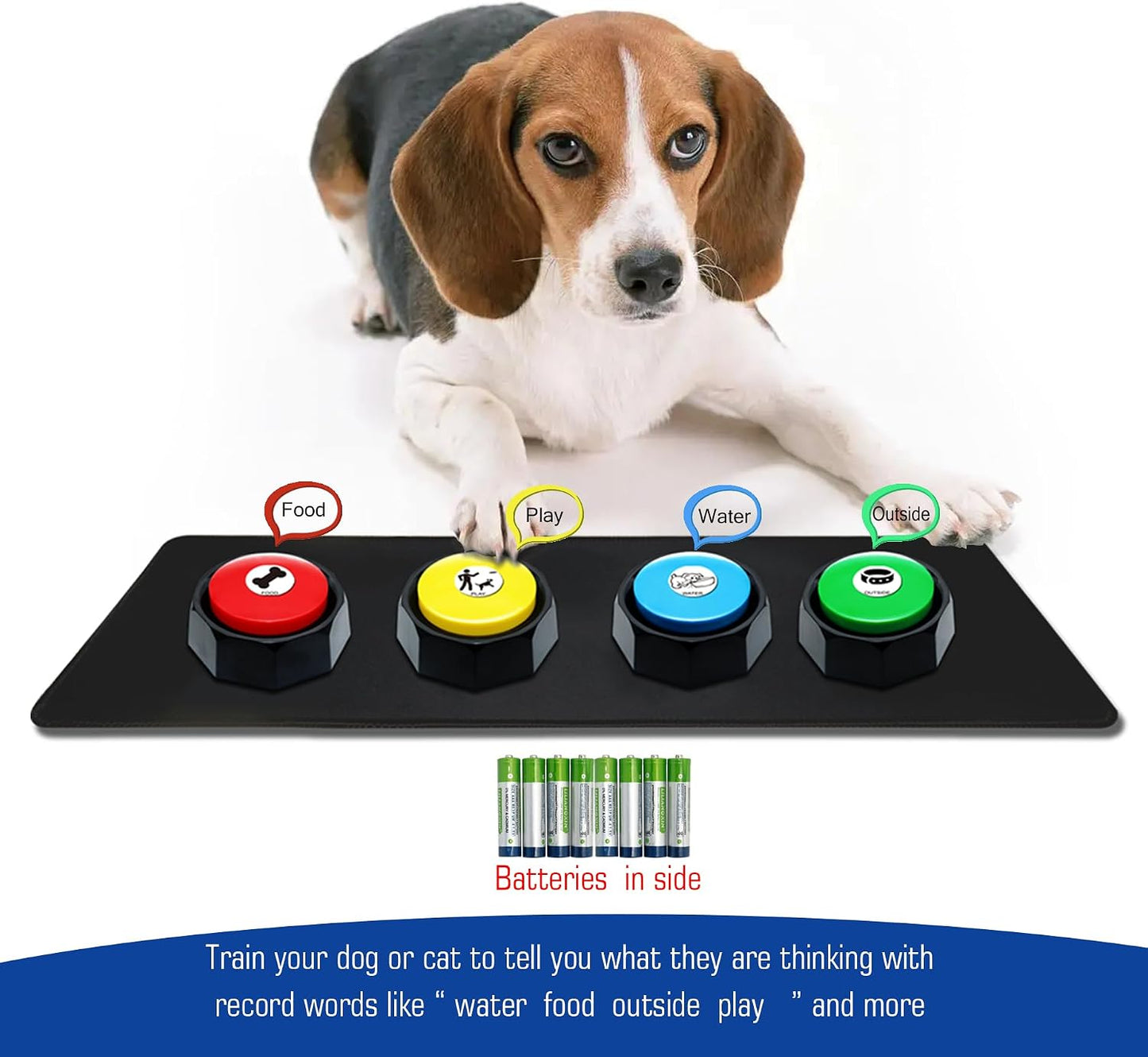 Close up view of the recordable talking buttons with custom situation stickers attached to the top face