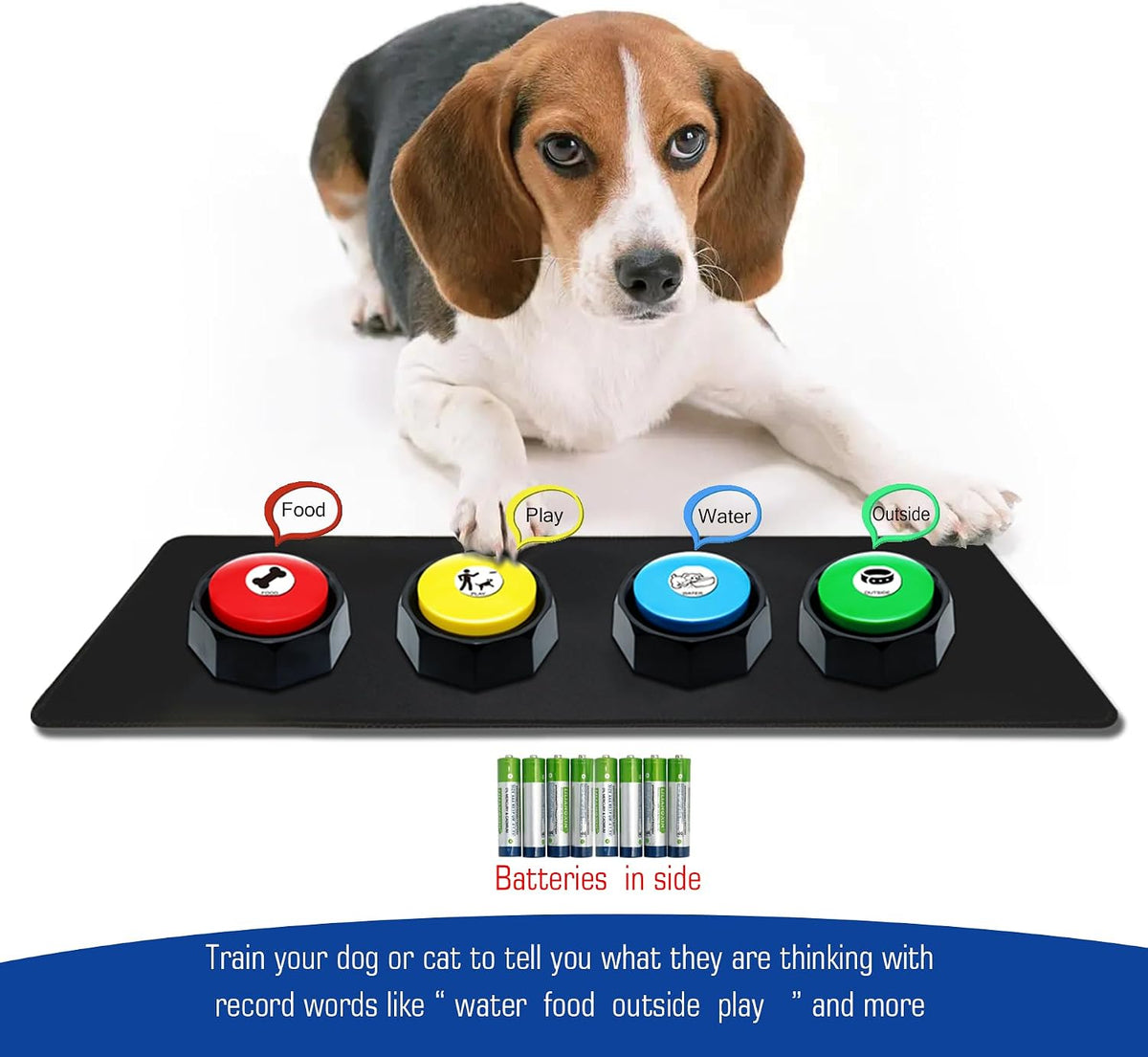 Close up view of the recordable talking buttons with custom situation stickers attached to the top face