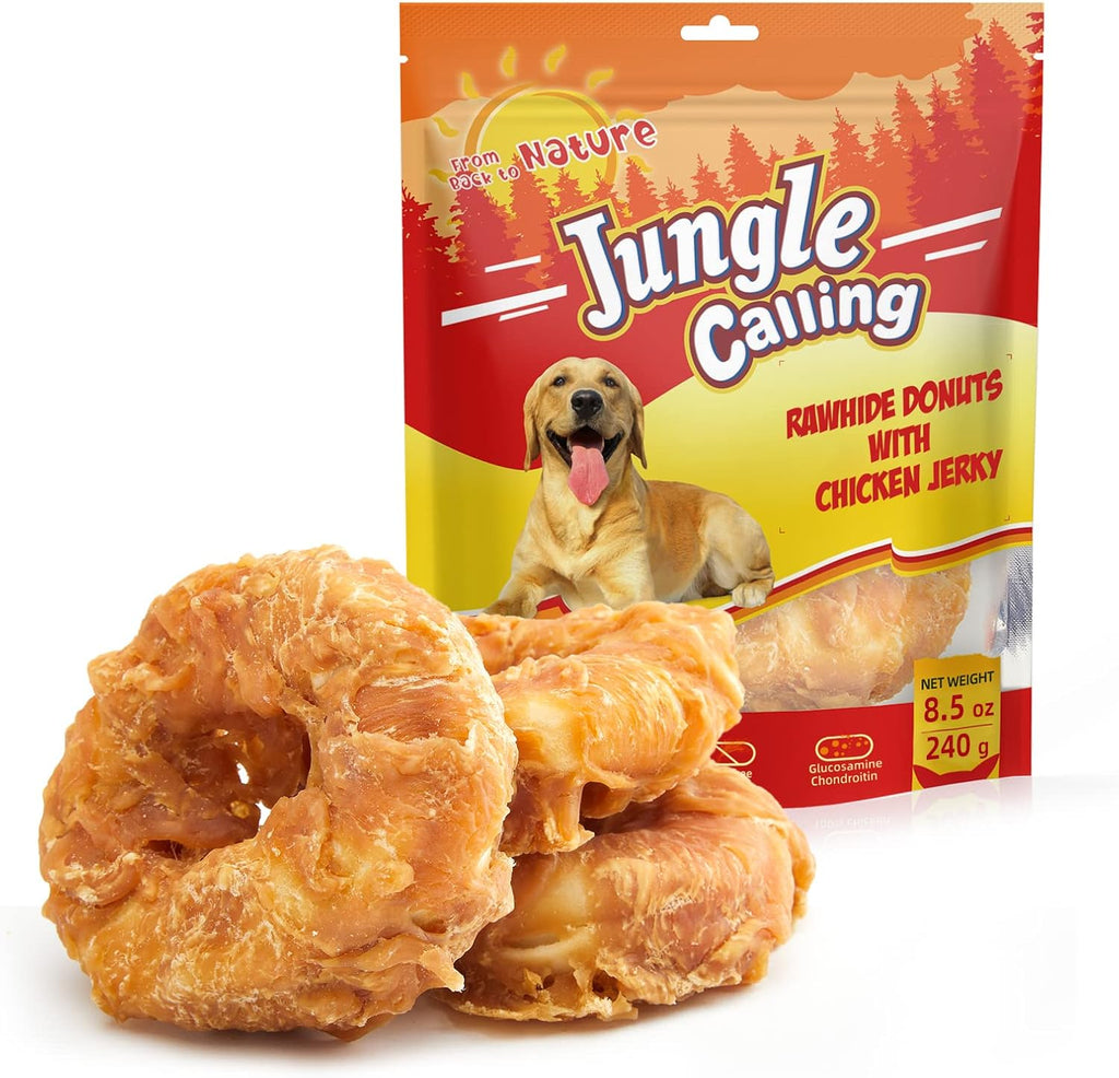 Jungle Calling Chicken Wrapped Rawhide Donuts front packaging view featuring golden retriever mascot