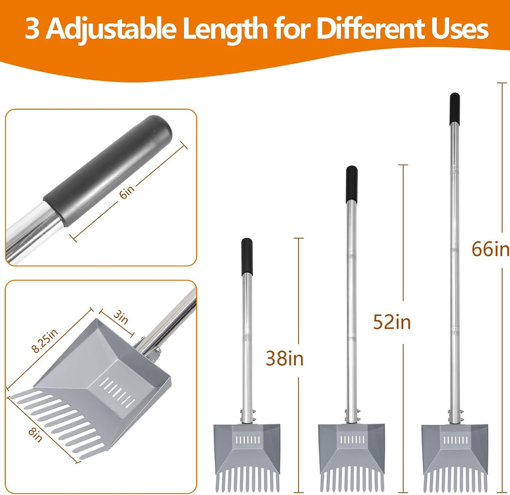 CKLT pet waste shovel showing the adjustable head mechanism set at three different angles for custom lawn sweeping.