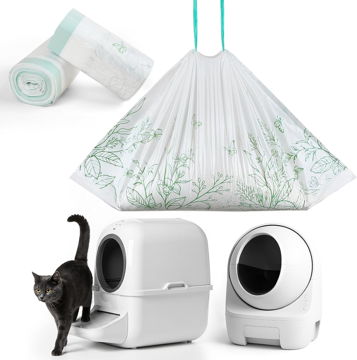 Glittme heavy duty cat litter box liners front packaging view showcasing the green leaf design.