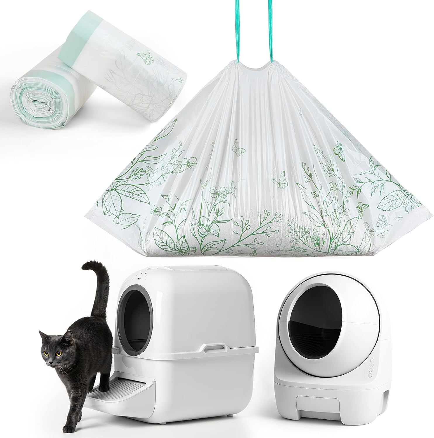 Glittme heavy duty cat litter box liners front packaging view showcasing the green leaf design.