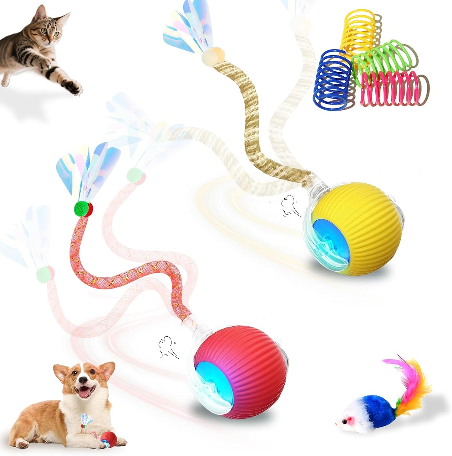 2-Pack USB Rechargeable Smart Cat Toy Ball, 360 degrees Rotation Automatic Moving Chase Toy, Obstacle Avoidance Interactive Play with 4 Spiral Springs, Enrichment Toys for Indoor Cats, Puppies & Small Dogs - Image 13