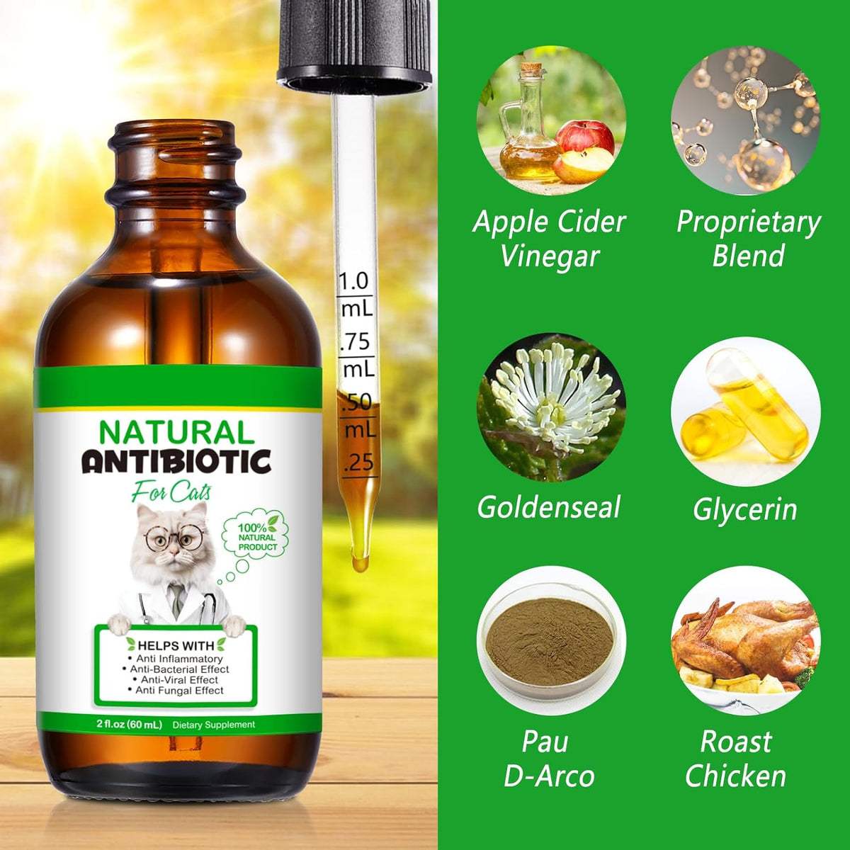 FuzzyUp cat multivitamin liquid drops showing chicken flavor label details