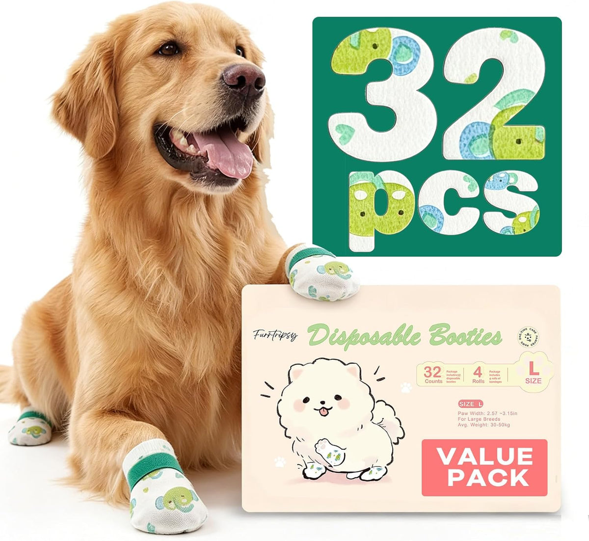 Disposable Dog Booties, Dog Boots to Prevent Licking Paws, Paw Protectors for Hot Pavement and After Surgery Care, Gentle Dog Shoes with 4 Rolls Bandages, Green 32pcs (Size S: Paw Width 1.18-1.77") - Image 10