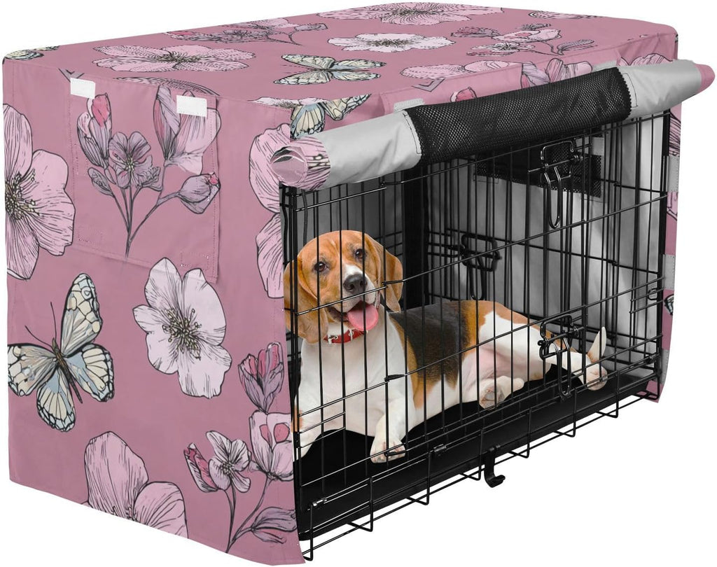 QwThum pink floral pet kennel canopy side view showing mesh window rolled up