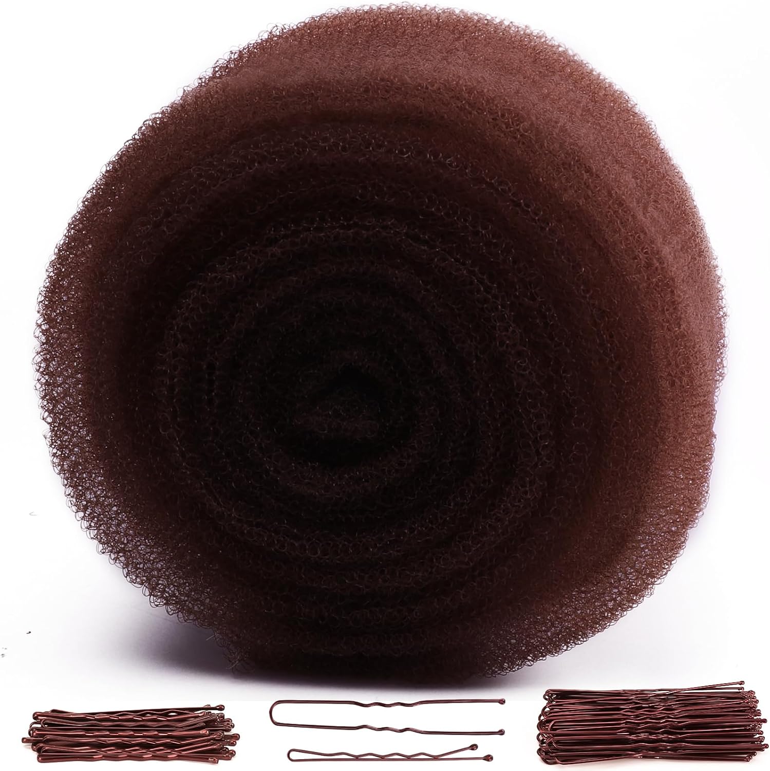 YGQQOY Hair Sponge for Updo kit front view highlighting the dark brown moldable mesh foam strip and matching hairpins.