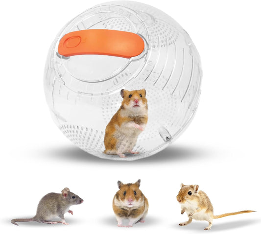 Happy Habitats Roam Clear Hamster Exercise Ball front view on smooth floor.