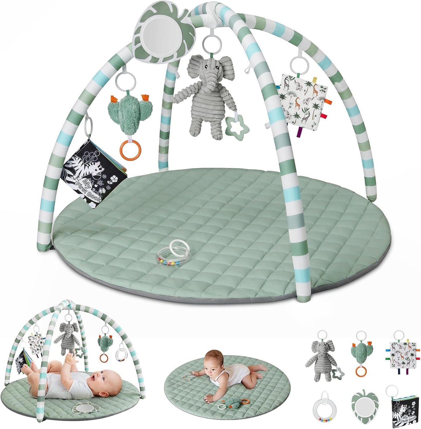 Blissful Diary baby play gym mat front view in sage green