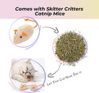 Two rolls of ten count jumbo cat litter liners displayed next to the included plush catnip mice toy.