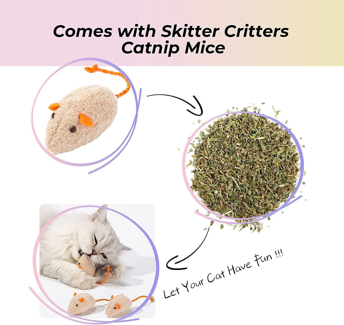 Two rolls of ten count jumbo cat litter liners displayed next to the included plush catnip mice toy.