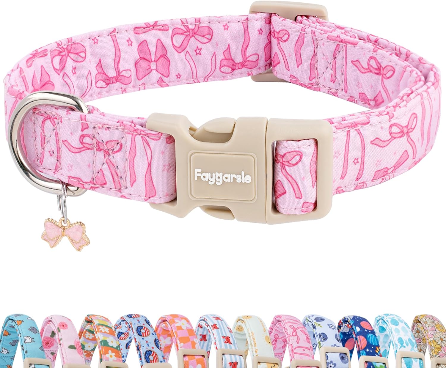 Faygarsle pink bow dog collar front view soft cotton
