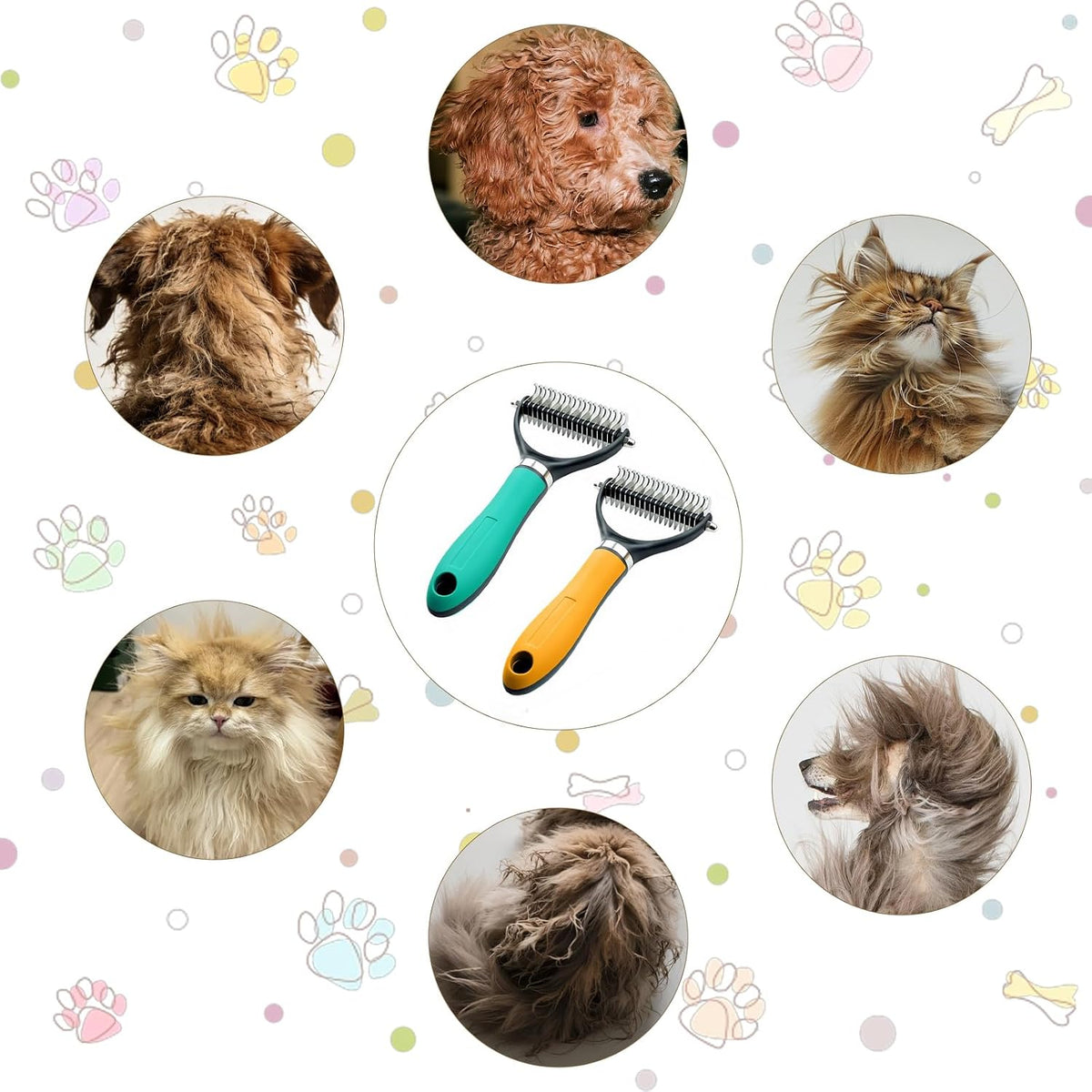 Ergonomic non slip handle of the green Jiexily double sided pet brush