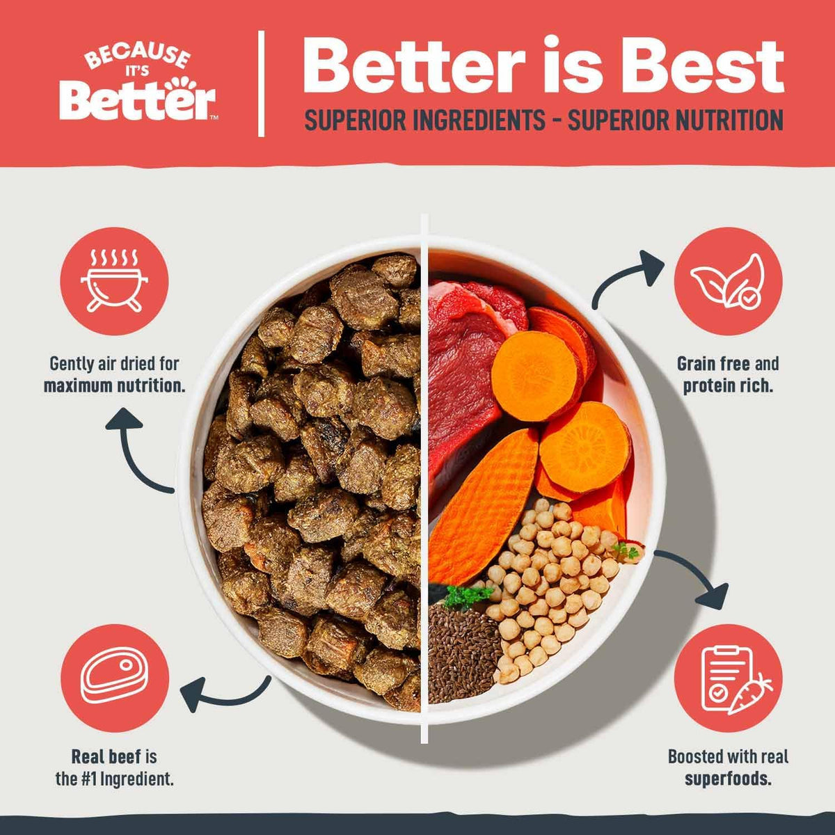 Because It's Better air dried beef and veggies dog food premium ingredients close up