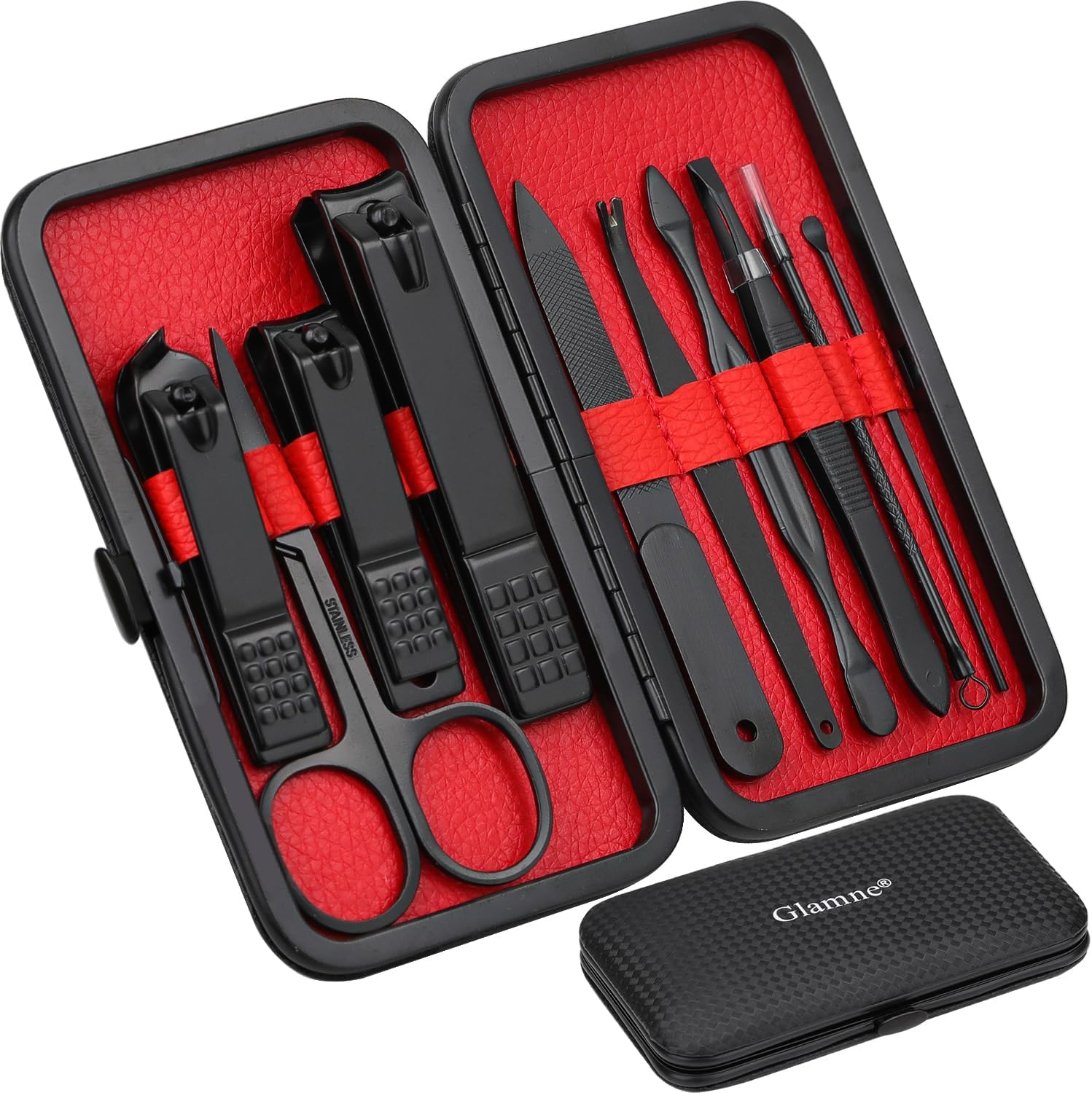 Glamne professional 10-in-1 stainless steel manicure set in black leather case