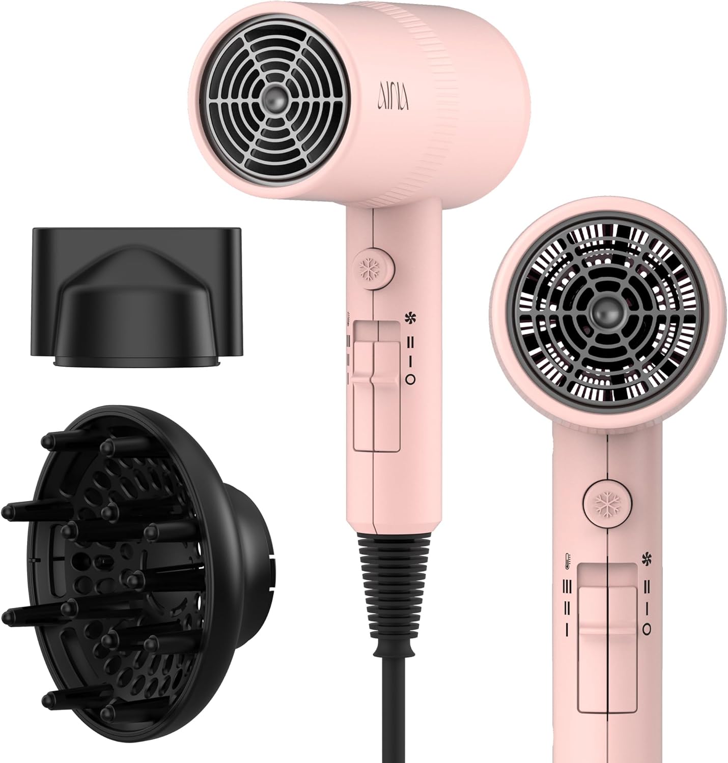 AINA hair dryer with diffuser front view in babe pink color