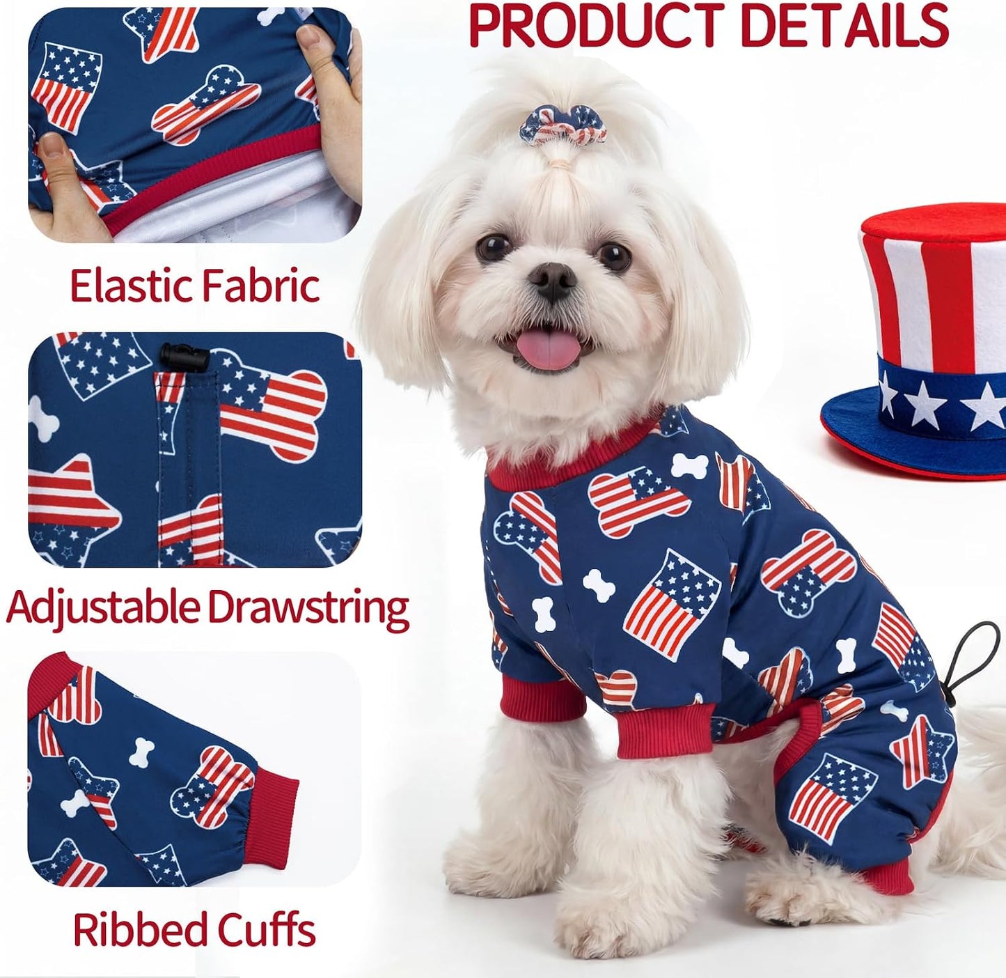 Patriotic dog clothes with adjustable drawstring back detail view