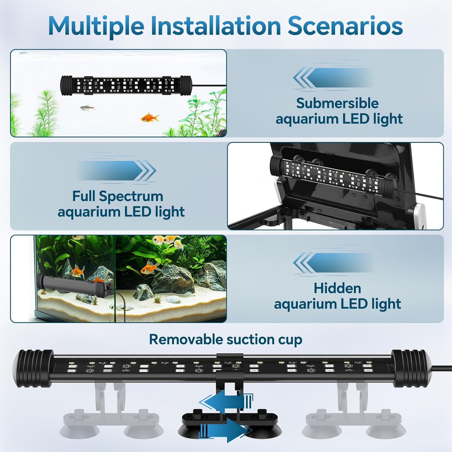Side view illustration of the adjustable angles for the fish tank light fixture.