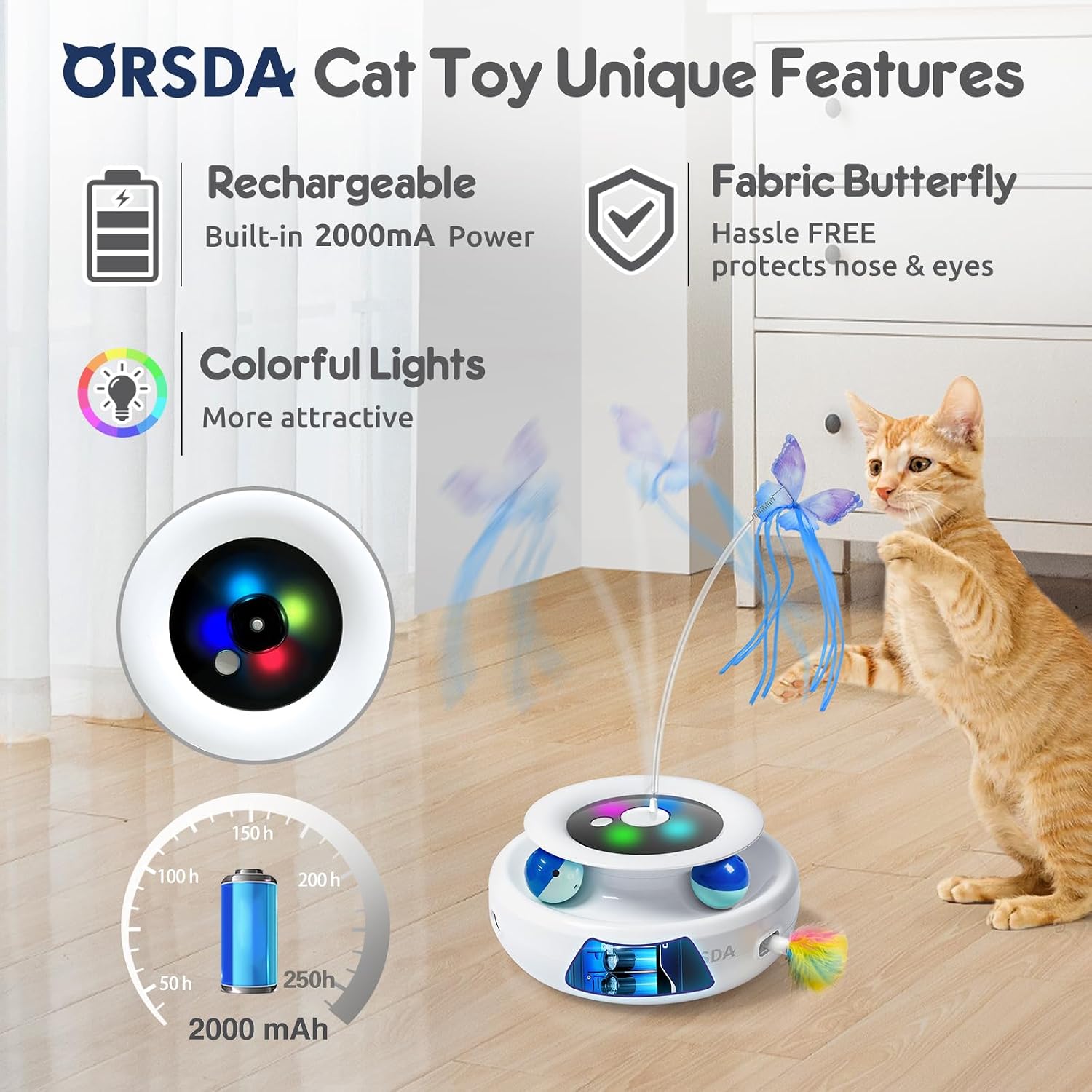 ORSDA smart pet kicker showing the hidden erratic moving ambush feather mechanism